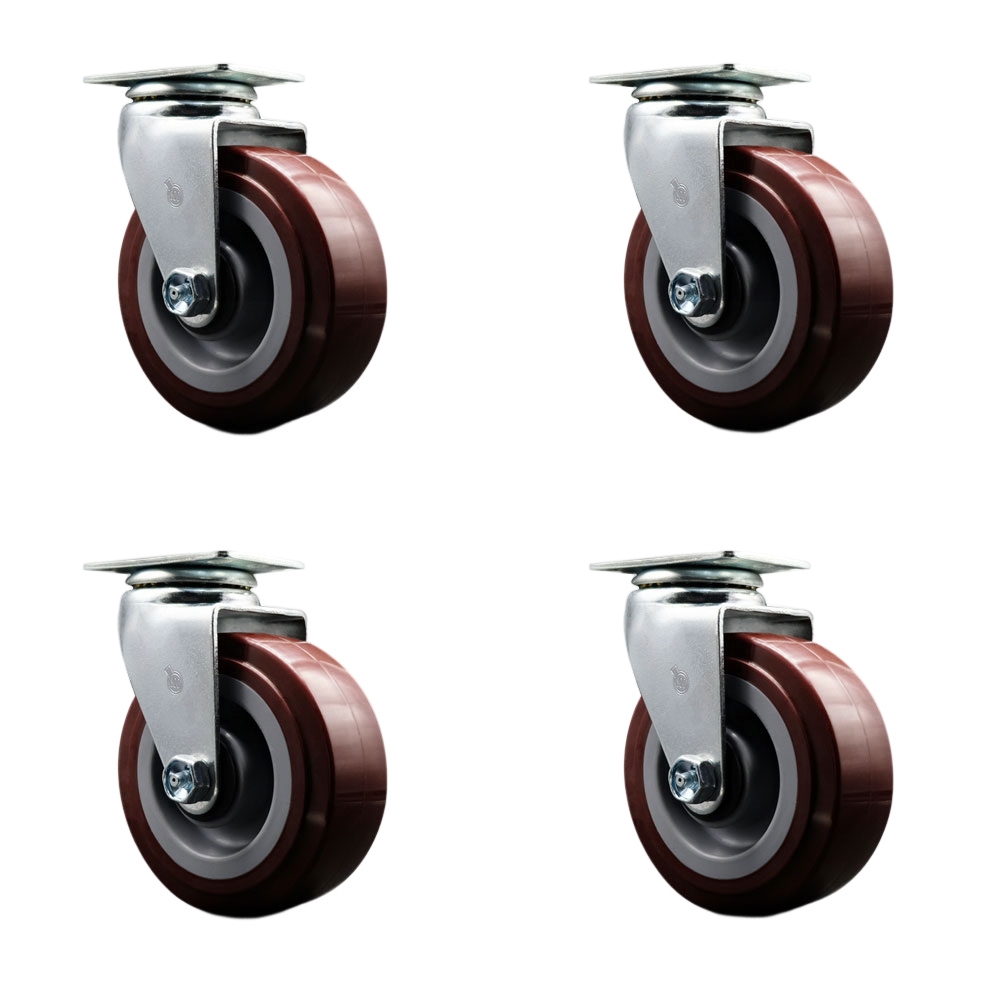 Swivel Top Plate Caster Set – Maroon 5 Inch by 2 Inch Polyurethane on Polyolefin Wheel – Roller Bearing – 1,800 lbs. Total Capacity – Includes 4 Swivel Casters – Service Caster Brand — photo 1