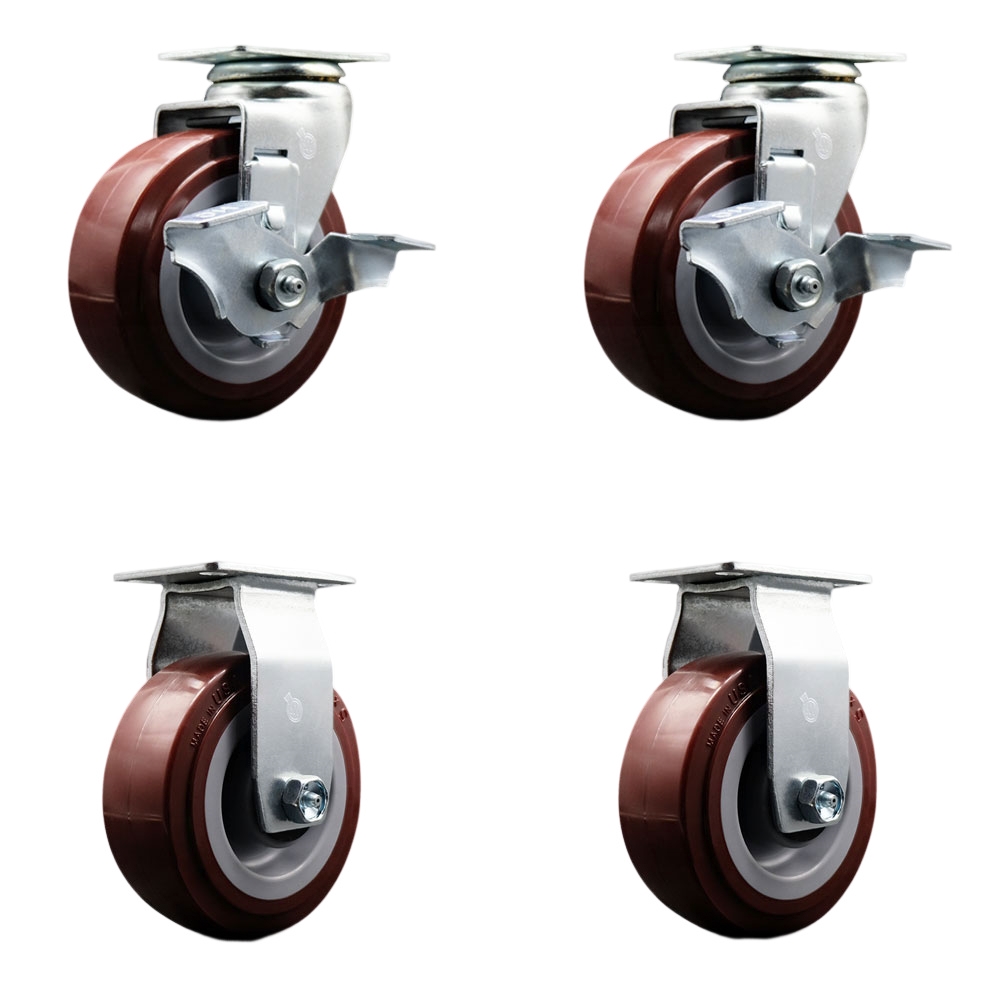 Swivel and Rigid Plate Caster Set – Maroon 5 Inch by 2 Inch Poly on Polyolefin Wheel – Roller Bearing – 1,800 lbs. Total Capacity – Includes 2 Locking Swivel and 2 Rigid Casters – Service Caster Brand — photo 1