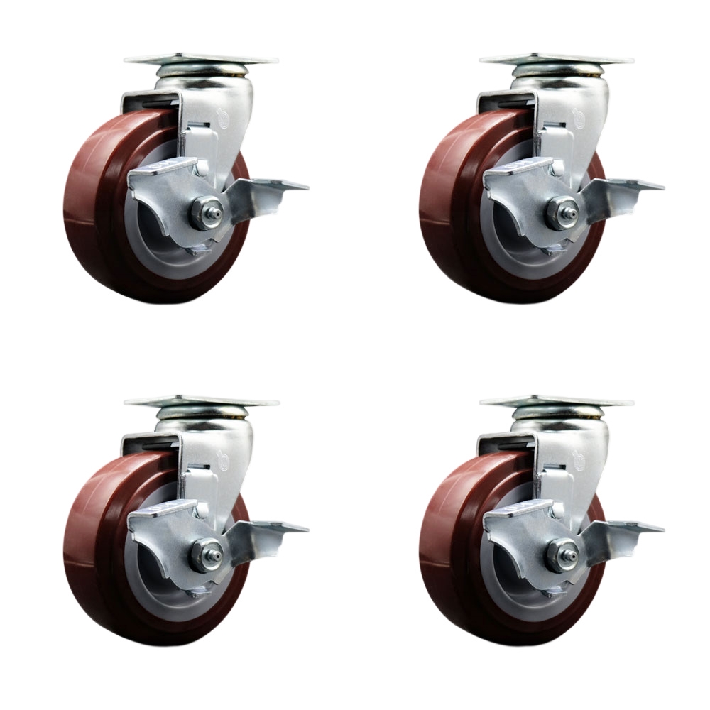 Tool Box Caster Wheel Set - 5 Inch Non-Marking, Easy Rolling Maroon Polyurethane Wheels - Industrial Grade - 4 Swivel Casters with Top Lock Brakes - Service Caster Brand — photo 1