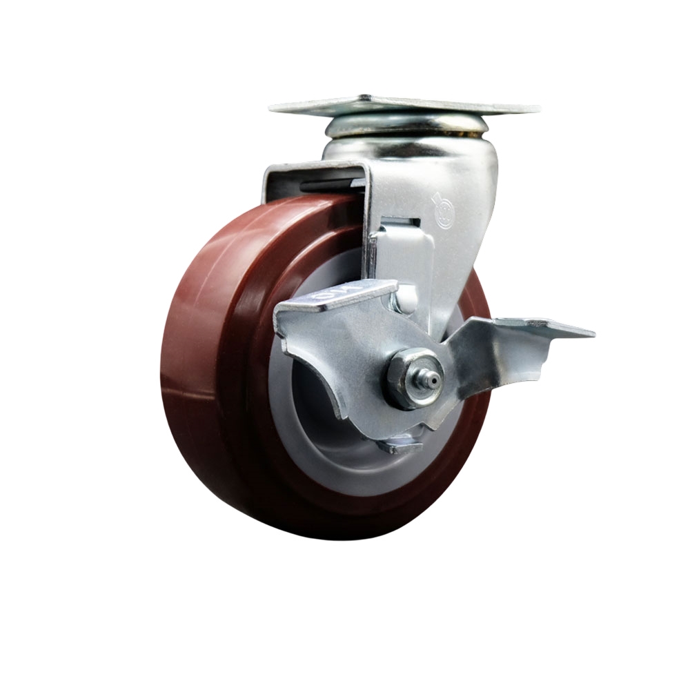 Swivel Top Plate Caster – Maroon 5 Inch by 2 Inch Polyurethane on Polyolefin Wheel – Roller Bearing – 450 lbs. Capacity Per Caster – Includes Top Locking Brake - Service Caster Brand — photo 1