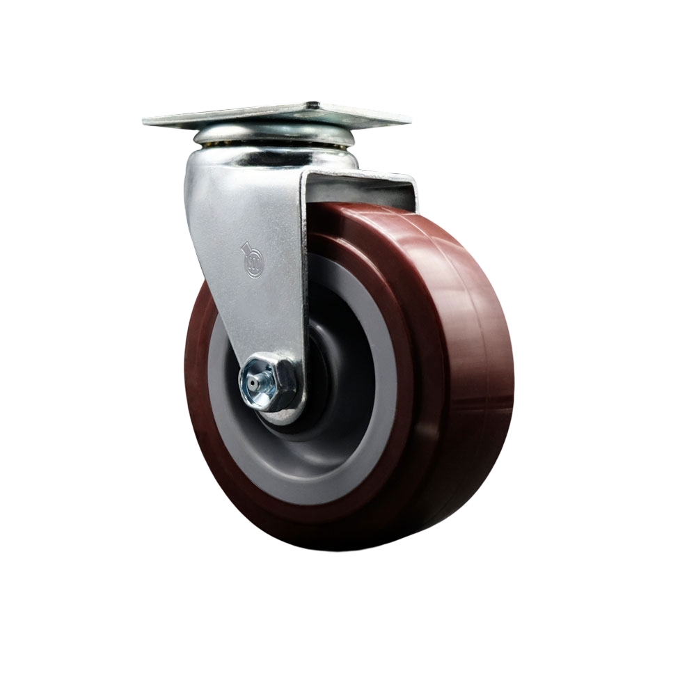 Swivel Top Plate Caster – Maroon 5 Inch by 2 Inch Polyurethane on Polyolefin Wheel – Roller Bearing – 450 lbs. Capacity Per Caster – Service Caster Brand — photo 1