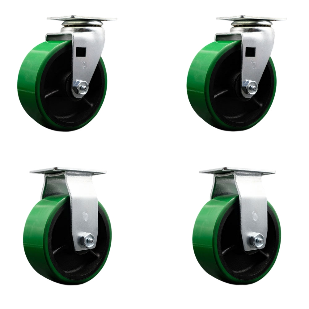 Swivel and Rigid Top Plate Caster Set – Green 5 Inch by 2 Inch Polyurethane on Cast Iron Wheel – Ball Bearing – 1,800 lbs. Total Capacity–Includes 2 Swivel and 2 Rigid Casters – Service Caster Brand — photo 1