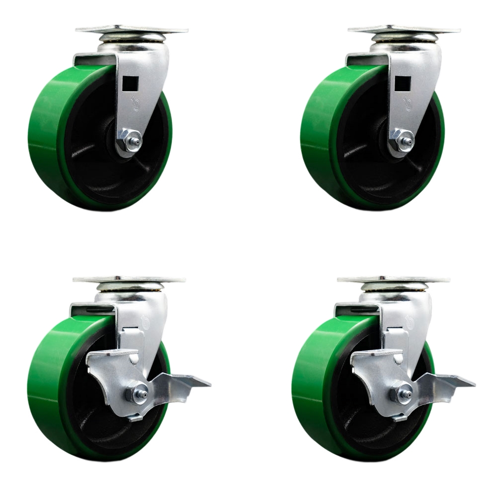 Swivel Top Plate Caster Set – Green 5 Inch by 2 Inch Poly on Cast Iron Wheel – Roller Bearing – 1,800 lbs. Total Capacity –Includes 2 Locking Swivel Casters and 2 Swivel Casters – Service Caster Brand — photo 1