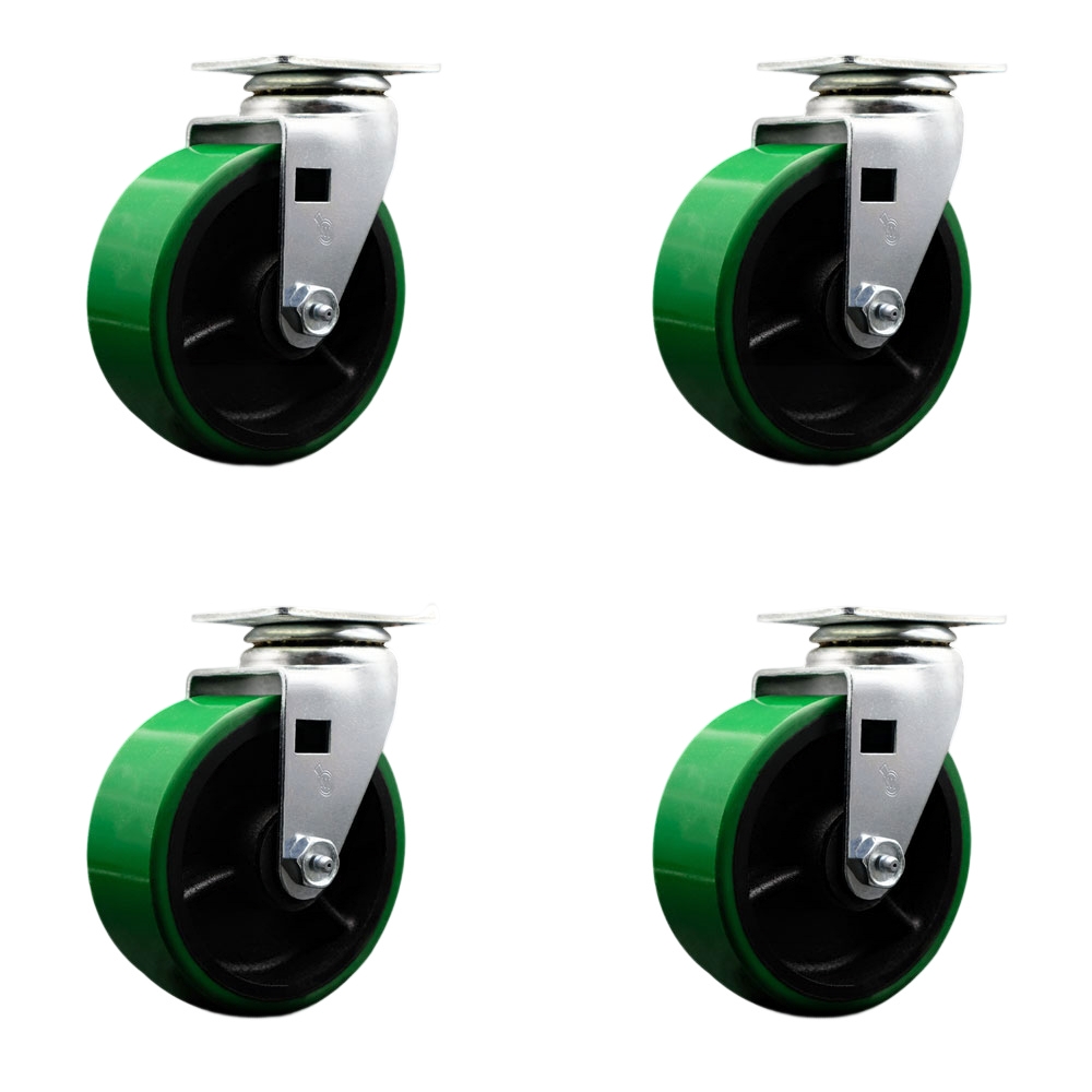 Swivel Top Plate Caster Set – Green 5 Inch by 2 Inch Polyurethane on Cast Iron Wheel – Ball Bearing – 1,800 lbs. Total Capacity – Includes 4 Swivel Casters – Service Caster Brand — photo 1