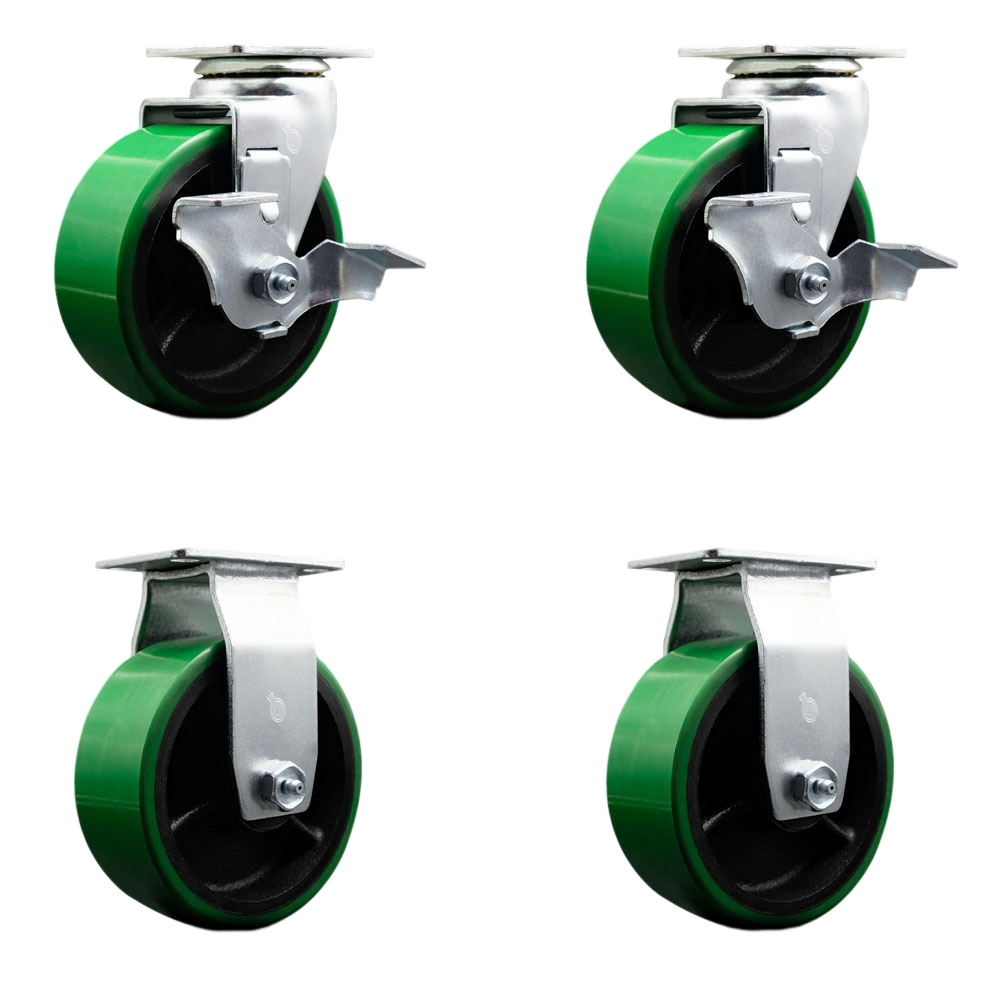 Tool Box Caster Wheel Set - 5 Inch Non-Marking, Maintenance Free Green Polyurethane on Cast Iron Wheels - Industrial Grade - 2 Swivel with Top Lock Brakes - Service Caster Brand — photo 1