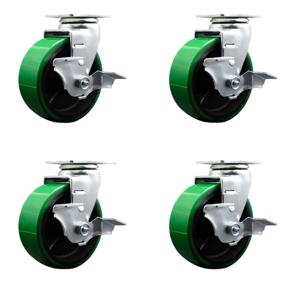 Tool Box Caster Wheel Set - 5 Inch Non-Marking, Easy Rolling Green Polyurethane on Cast Iron Wheels - Industrial Grade - 4 Swivel Casters with Top Lock Brakes - Service Caster Brand — photo 1