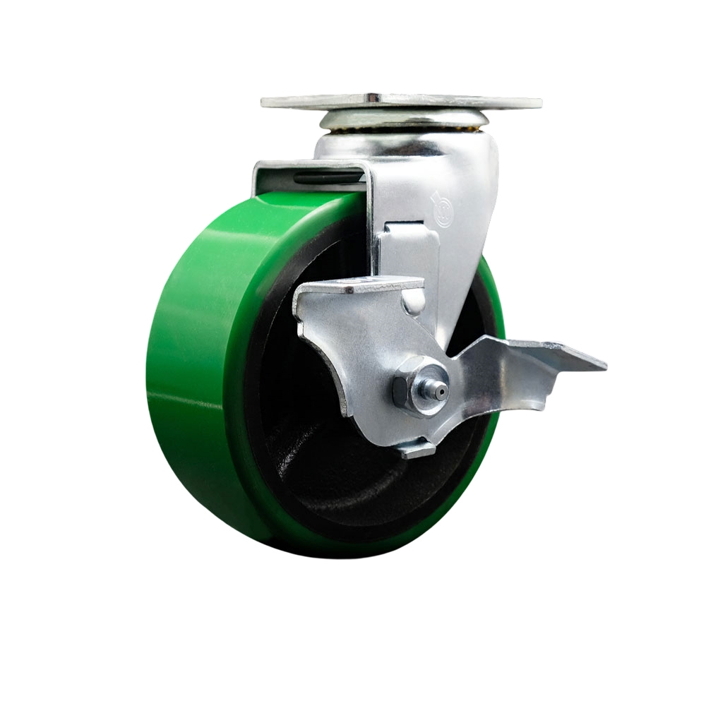 Swivel Top Plate Caster – Green 5 Inch by 2 Inch Polyurethane on Cast Iron Wheel – Ball Bearing – 450 lbs. Capacity Per Caster – Includes Top Locking Brake - Service Caster Brand — photo 1
