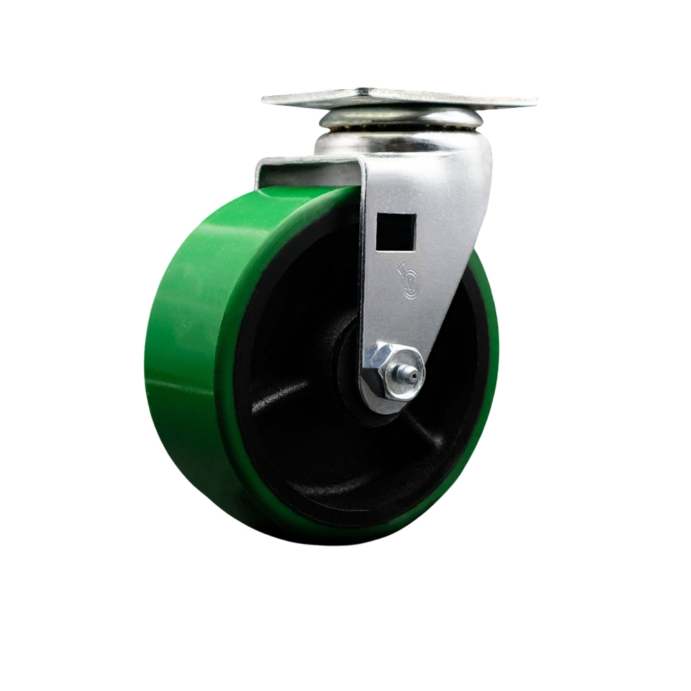 Swivel Top Plate Caster – Green 5 Inch by 2 Inch Polyurethane on Cast Iron Wheel – Roller Bearing – 450 lbs. Capacity Per Caster – Service Caster Brand — photo 1