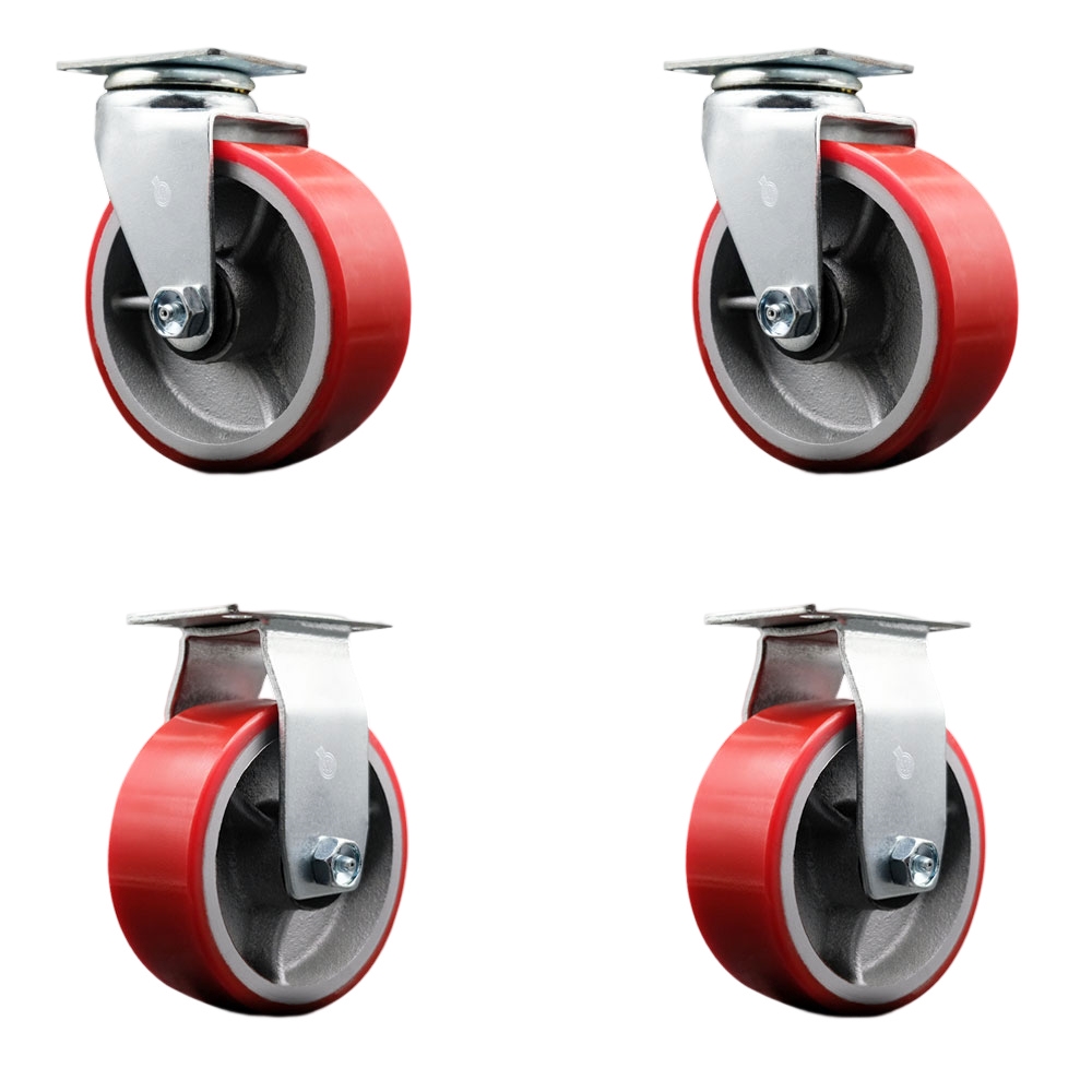 Swivel and Rigid Top Plate Caster Set – Red 5 Inch by 2 Inch Polyurethane on Cast Iron Wheel – Roller Bearing – 1,800 lbs. Total Capacity–Includes 2 Swivel and 2 Rigid Casters – Service Caster Brand — photo 1