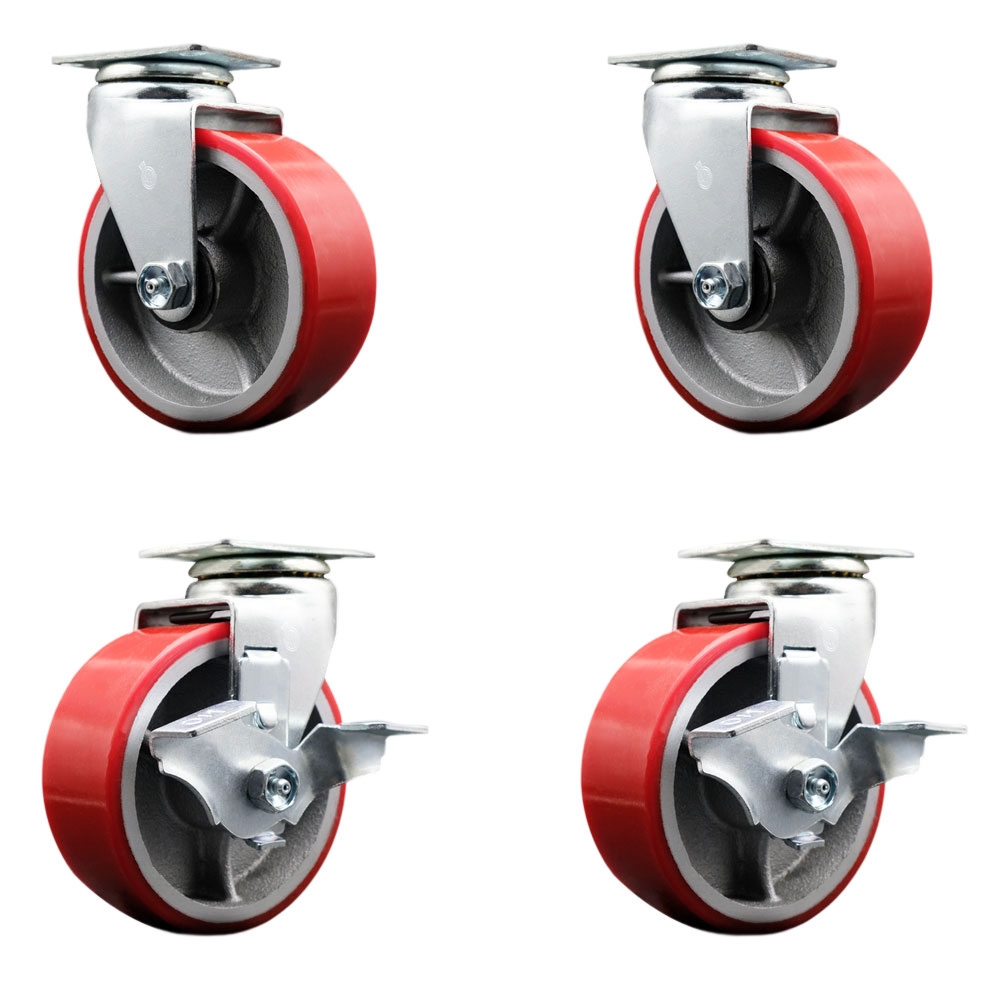 Swivel Top Plate Caster Set – Red 5 Inch by 2 Inch Poly on Cast Iron Wheel – Ball Bearing – 1,800 lbs. Total Capacity –Includes 2 Locking Swivel Casters and 2 Swivel Casters – Service Caster Brand — photo 1