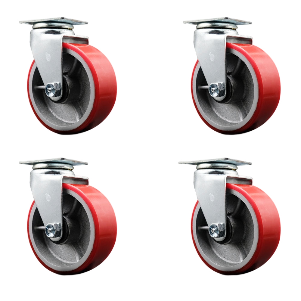 Swivel Top Plate Caster Set – Red 5 Inch by 2 Inch Polyurethane on Cast Iron Wheel – Ball Bearing – 1,800 lbs. Total Capacity – Includes 4 Swivel Casters – Service Caster Brand — photo 1