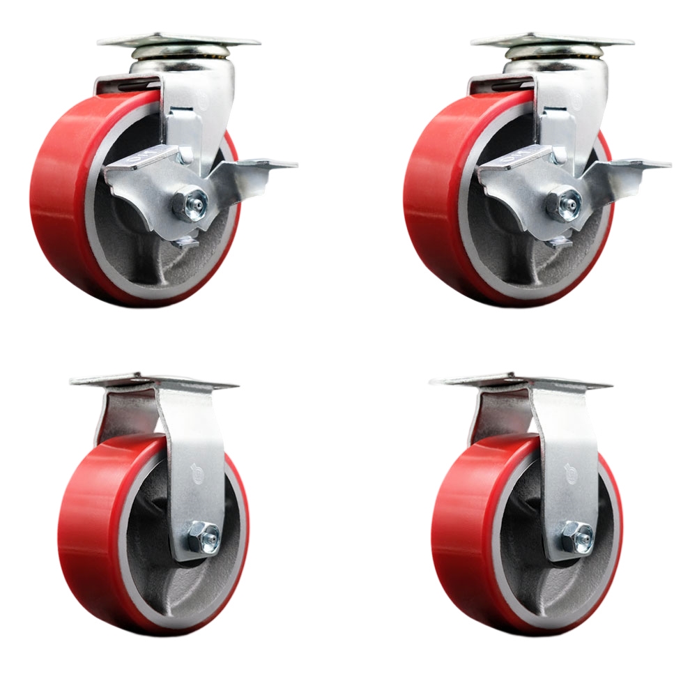 Tool Box Caster Wheel Set - 5 Inch Non-Marking, Maintenance Free Red Polyurethane on Cast Iron Wheels - Industrial Grade - 2 Swivel with Top Lock Brakes - Service Caster Brand — photo 1