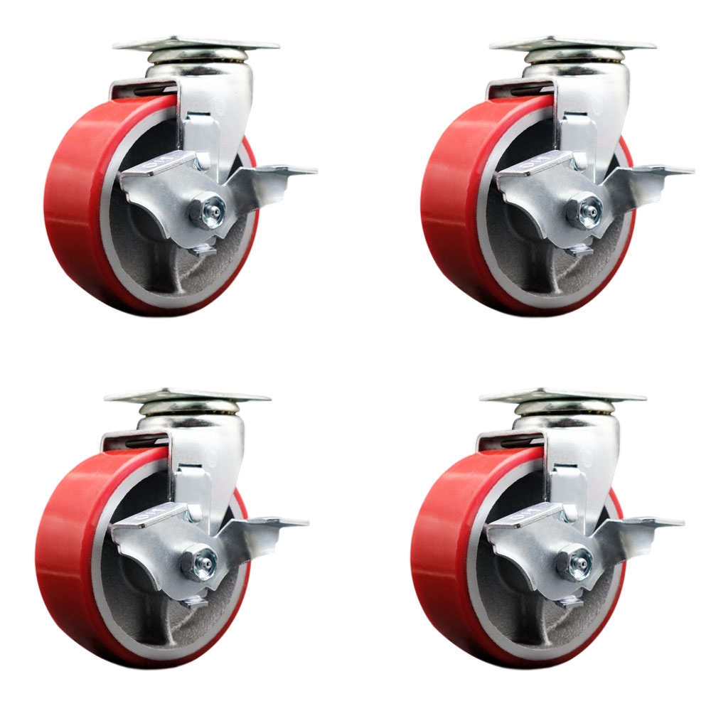 Tool Box Caster Wheel Set - 5 Inch Non-Marking, Maintenance Free Red Polyurethane on Cast Iron Wheels - Industrial Grade - 4 Swivel Casters with Top Lock Brakes - Service Caster Brand — photo 1
