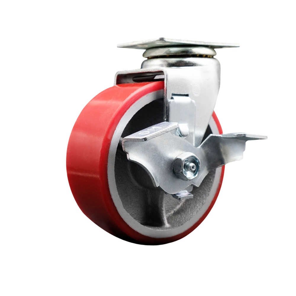Swivel Top Plate Caster – Red 5 Inch by 2 Inch Polyurethane on Cast Iron Wheel – Roller Bearing – 450 lbs. Capacity Per Caster – Includes Top Locking Brake - Service Caster Brand — photo 1
