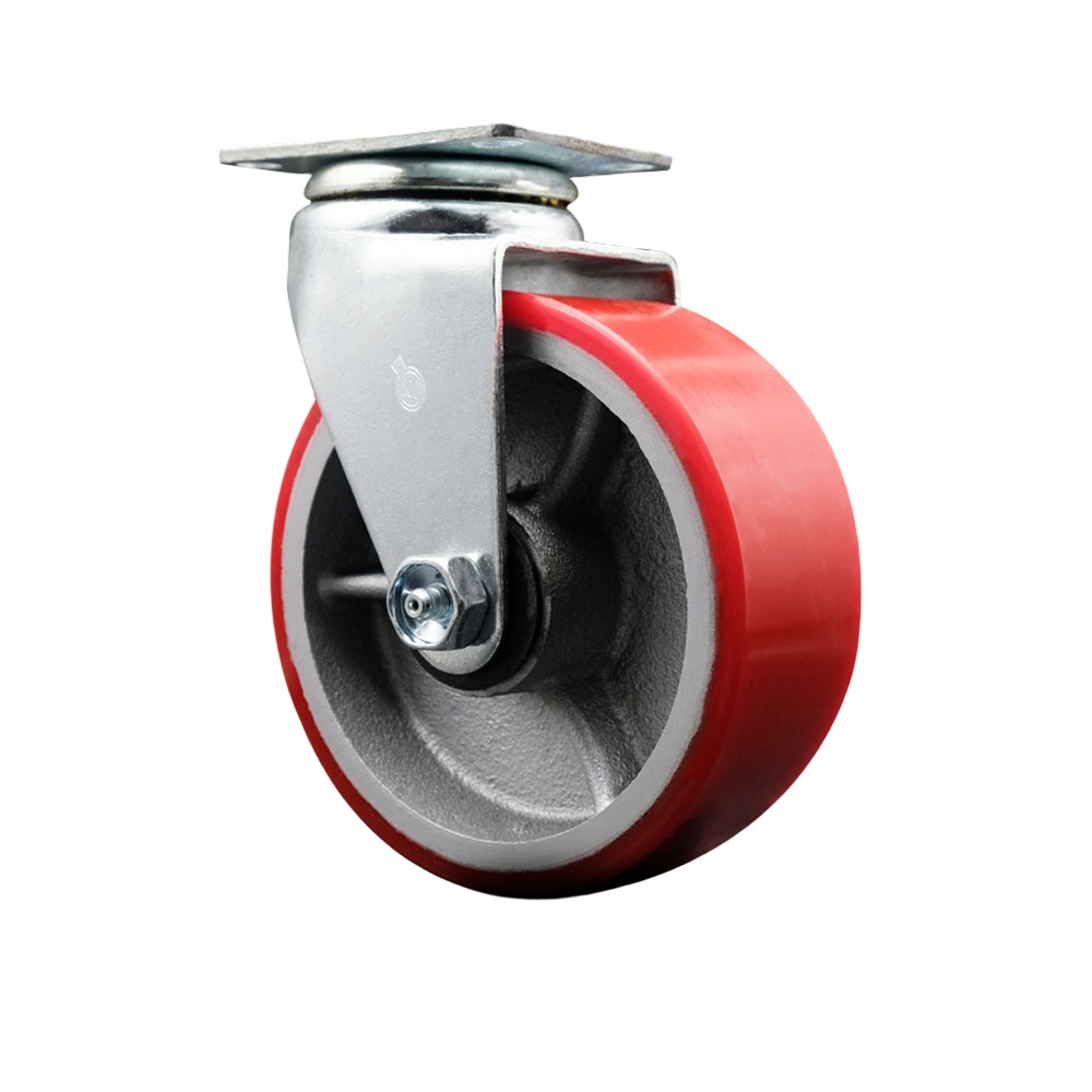 Swivel Top Plate Caster – Red 5 Inch by 2 Inch Polyurethane on Cast Iron Wheel – Ball Bearing – 450 lbs. Capacity Per Caster – Service Caster Brand — photo 1