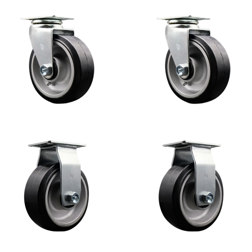 Swivel and Rigid Top Plate Caster Set – Black 5 Inch by 2 Inch Rubber on Aluminum Wheel – Ball Bearing – 1,800 lbs. Total Capacity–Includes 2 Swivel and 2 Rigid Casters – Service Caster Brand — photo 1