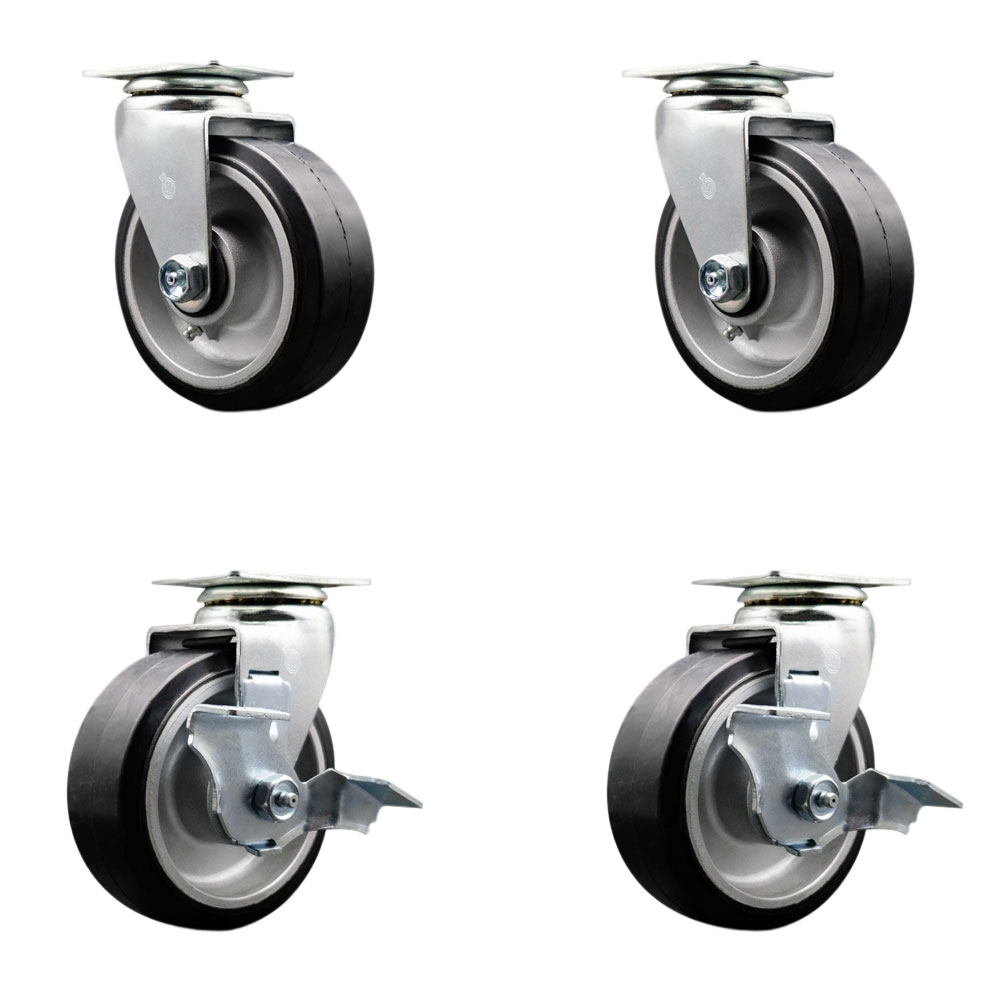 Swivel Top Plate Caster Set – Black 5 Inch by 2 Inch Rubber on Aluminum Wheel – Ball Bearing – 1,800 lbs. Total Capacity –Includes 2 Locking Swivel Casters and 2 Swivel Casters – Service Caster Brand — photo 1