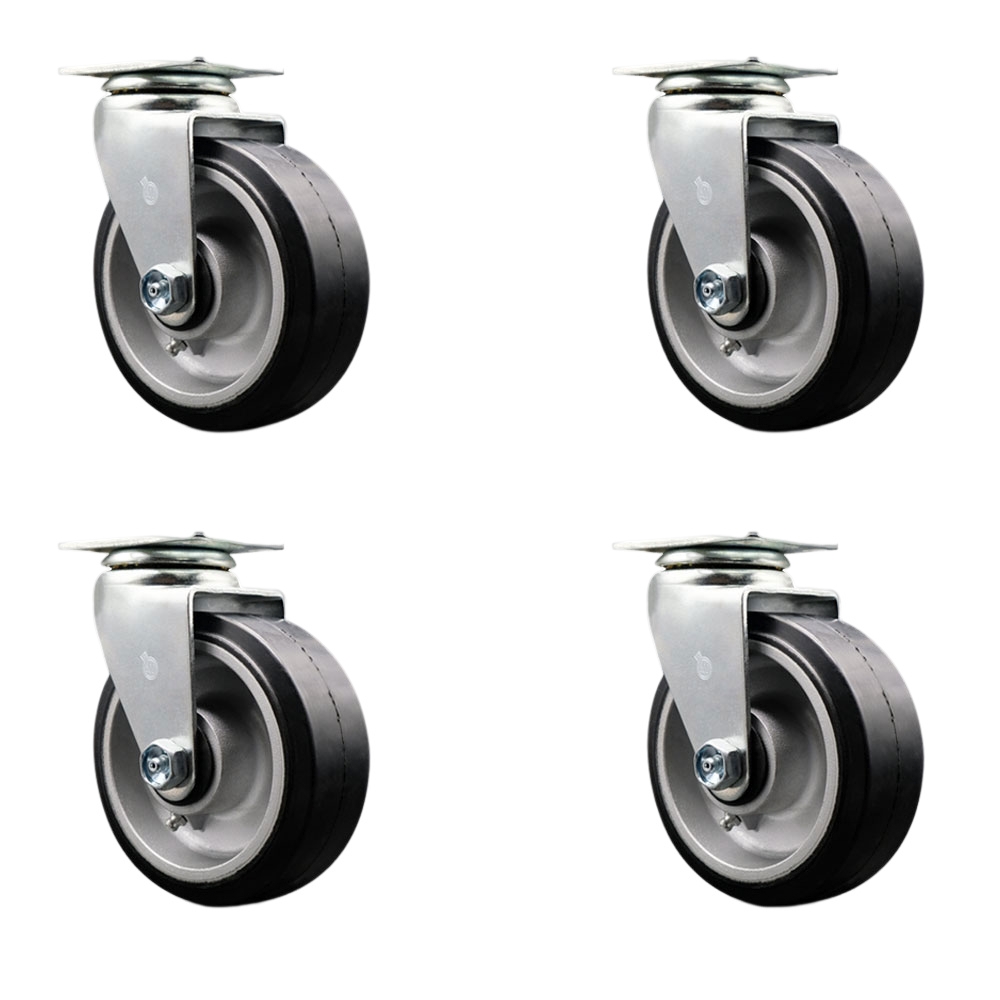 Swivel Top Plate Caster Set – Black 5 Inch by 2 Inch Rubber on Aluminum Wheel – Roller Bearing – 1,800 lbs. Total Capacity – Includes 4 Swivel Casters – Service Caster Brand — photo 1
