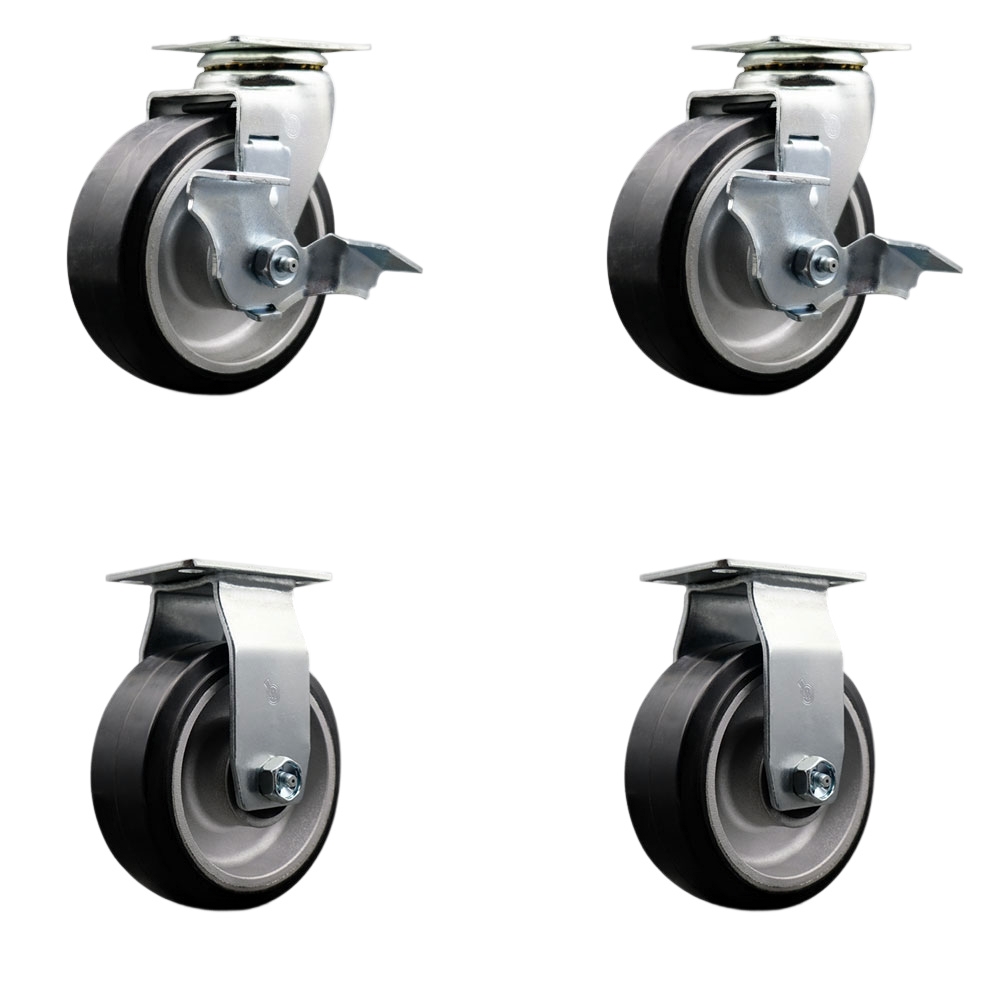 Swivel and Rigid Plate Caster Set – Black 5 Inch by 2 Inch Rubber on Aluminum Wheel – Roller Bearing – 1,800 lbs. Total Capacity – Includes 2 Locking Swivel and 2 Rigid Casters – Service Caster Brand — photo 1