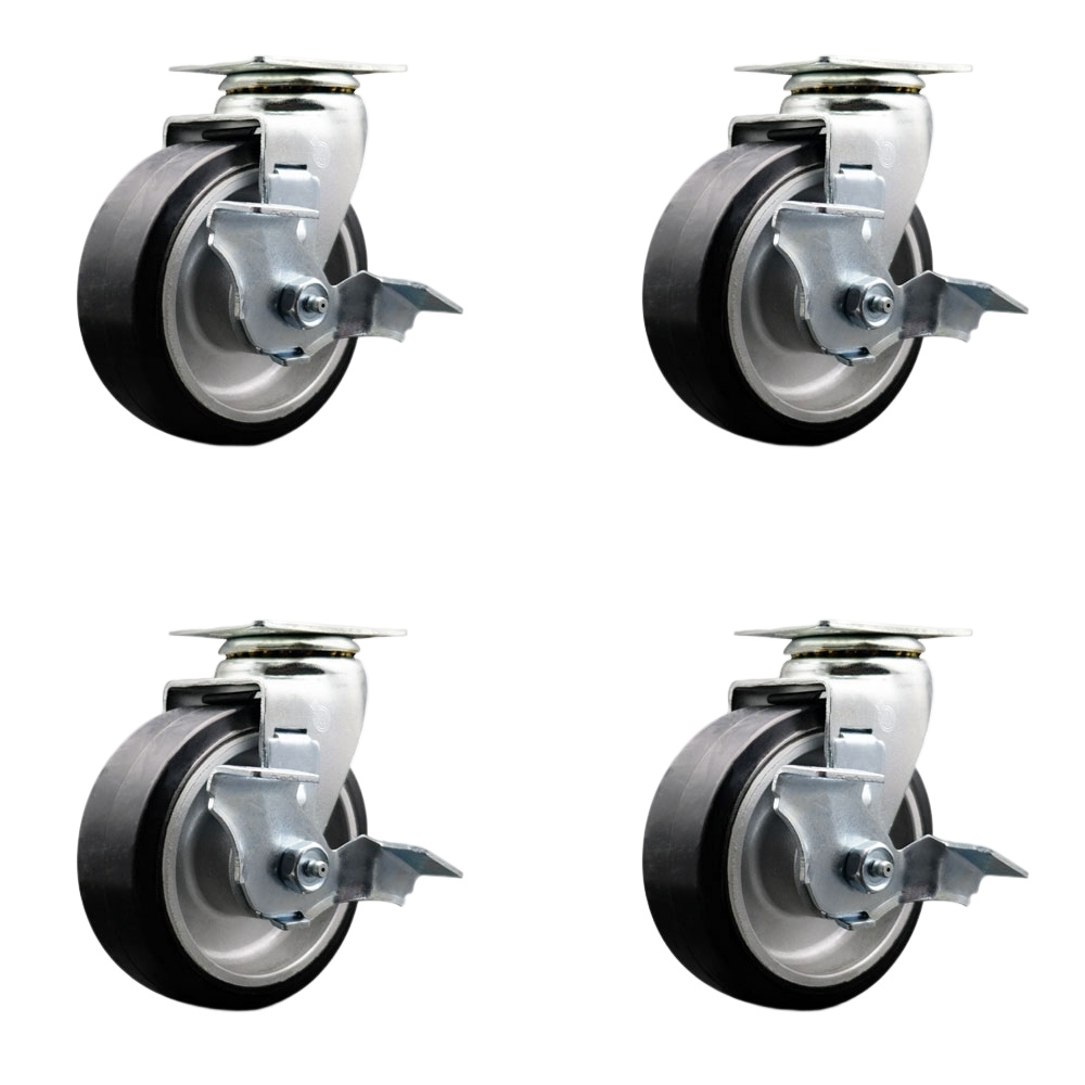 Swivel Top Plate Caster Set – Black 5 Inch by 2 Inch Rubber on Aluminum Wheel – Ball Bearing – 1,800 lbs. Total Capacity–Includes 4 Swivel Casters with Top Locking Brakes–Service Caster Brand — photo 1