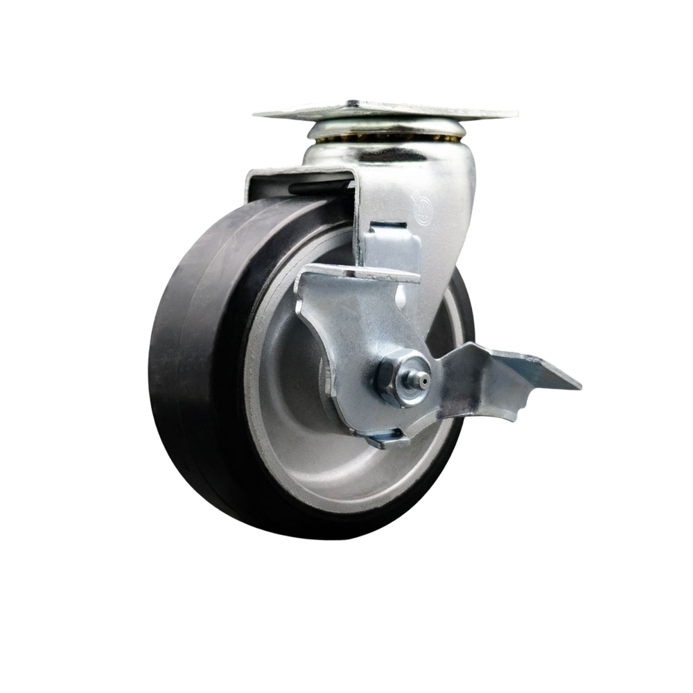 Swivel Top Plate Caster – Black 5 Inch by 2 Inch Rubber on Aluminum Wheel – Ball Bearing – 450 lbs. Capacity Per Caster – Includes Top Locking Brake - Service Caster Brand — photo 1