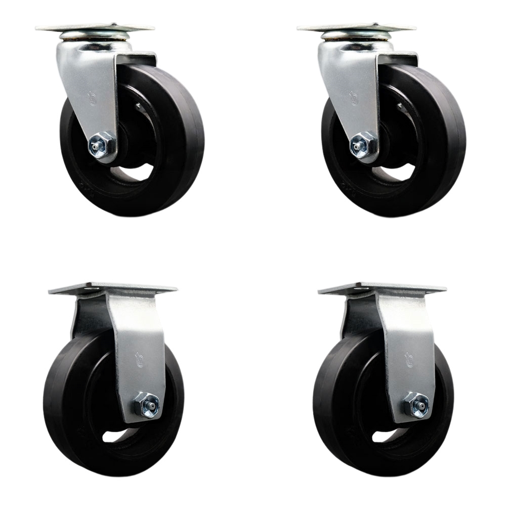 Swivel and Rigid Top Plate Caster Set – Black 5 Inch by 2 Inch Rubber on Cast Iron Wheel – Roller Bearing – 1,600 lbs. Total Capacity–Includes 2 Swivel and 2 Rigid Casters – Service Caster Brand — photo 1