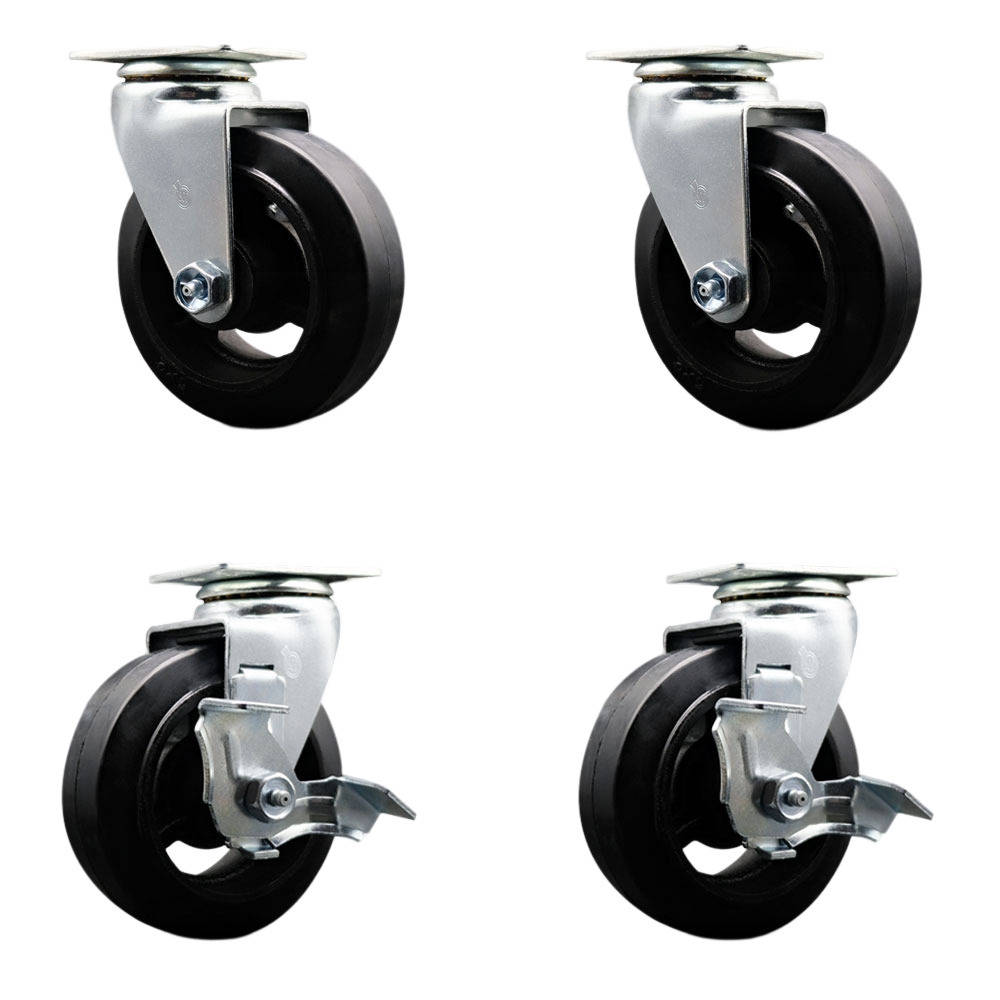 Swivel Top Plate Caster Set – Black 5 Inch by 2 Inch Rubber on Cast Iron Wheel – Ball Bearing – 1,600 lbs. Total Capacity –Includes 2 Locking Swivel Casters and 2 Swivel Casters – Service Caster Brand — photo 1