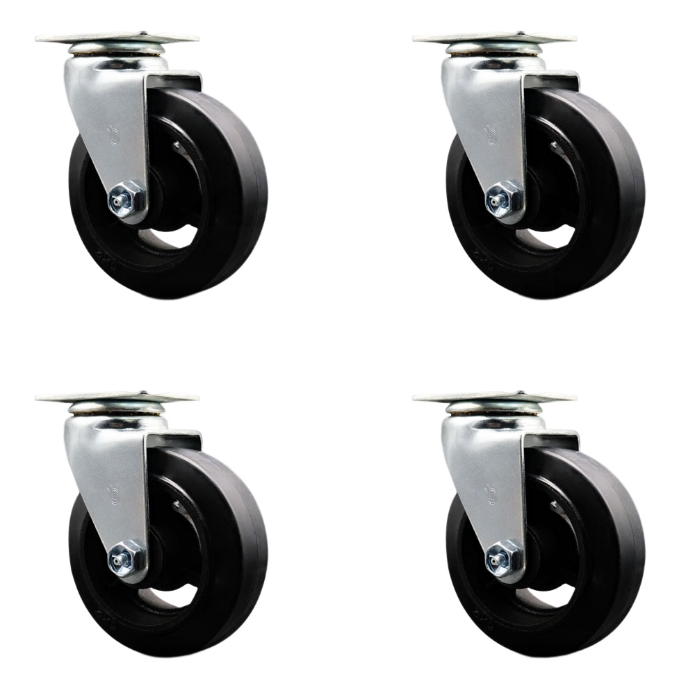 Swivel Top Plate Caster Set – Black 5 Inch by 2 Inch Rubber on Cast Iron Wheel – Ball Bearing – 1,600 lbs. Total Capacity – Includes 4 Swivel Casters – Service Caster Brand — photo 1