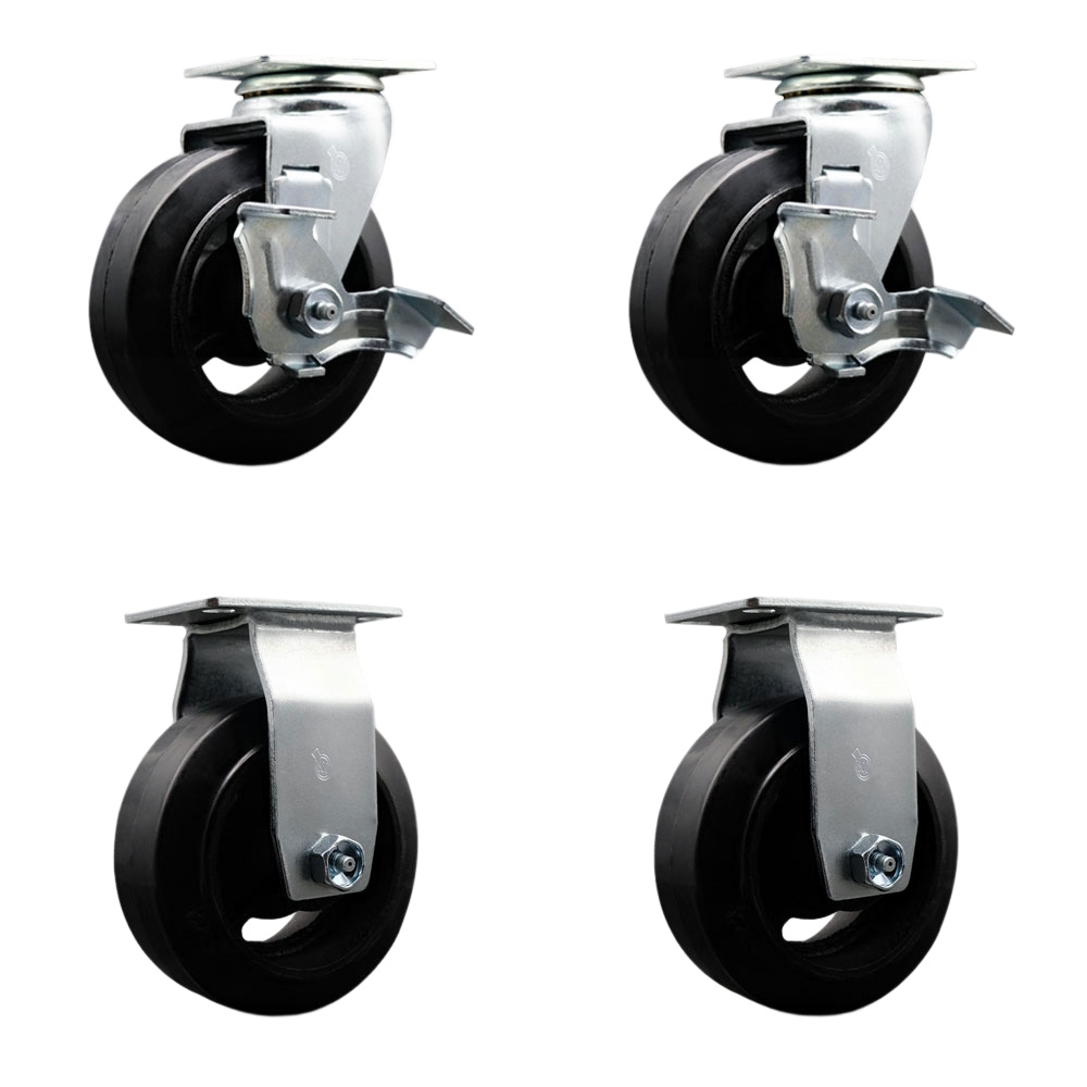 Swivel and Rigid Plate Caster Set – Black 5 Inch by 2 Inch Rubber on Cast Iron Wheel – Roller Bearing – 1,600 lbs. Total Capacity – Includes 2 Locking Swivel and 2 Rigid Casters – Service Caster Brand — photo 1