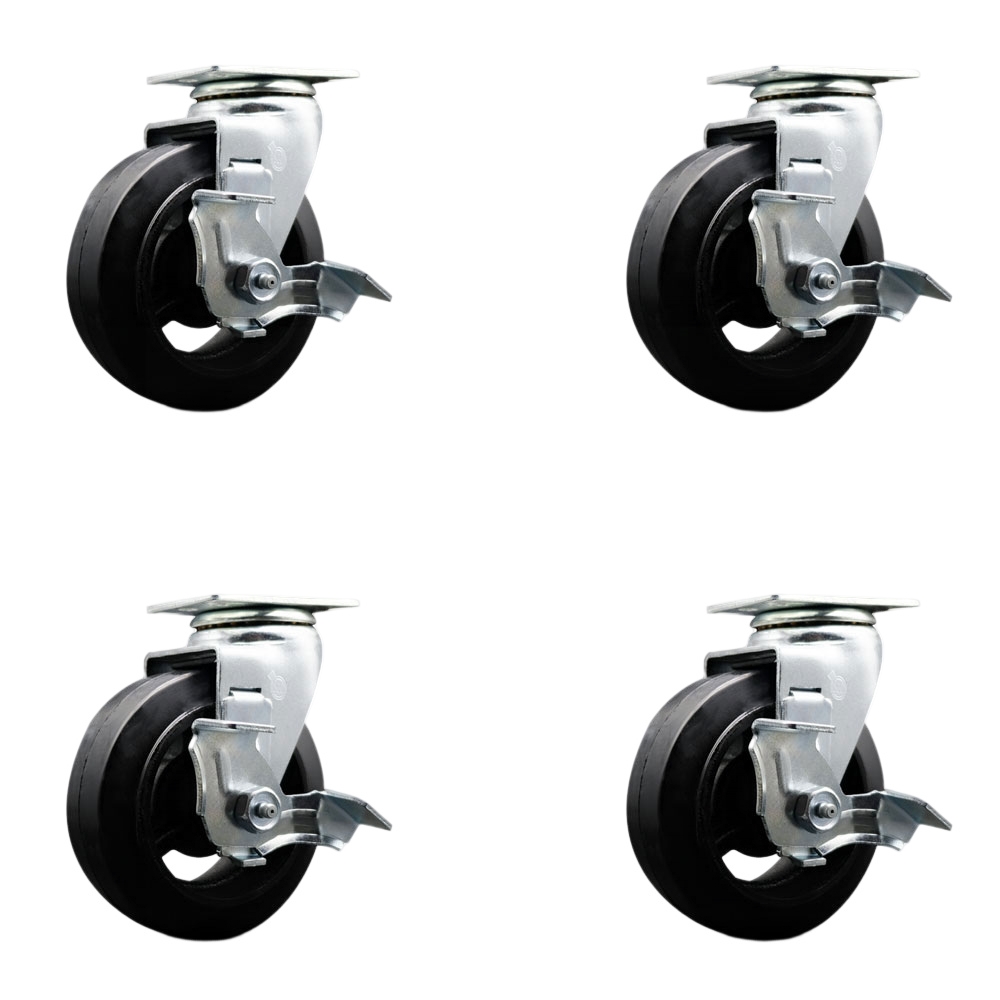 Swivel Top Plate Caster Set – Black 5 Inch by 2 Inch Rubber on Cast Iron Wheel – Roller Bearing – 1,600 lbs. Total Capacity–Includes 4 Swivel Casters with Top Locking Brakes–Service Caster Brand — photo 1