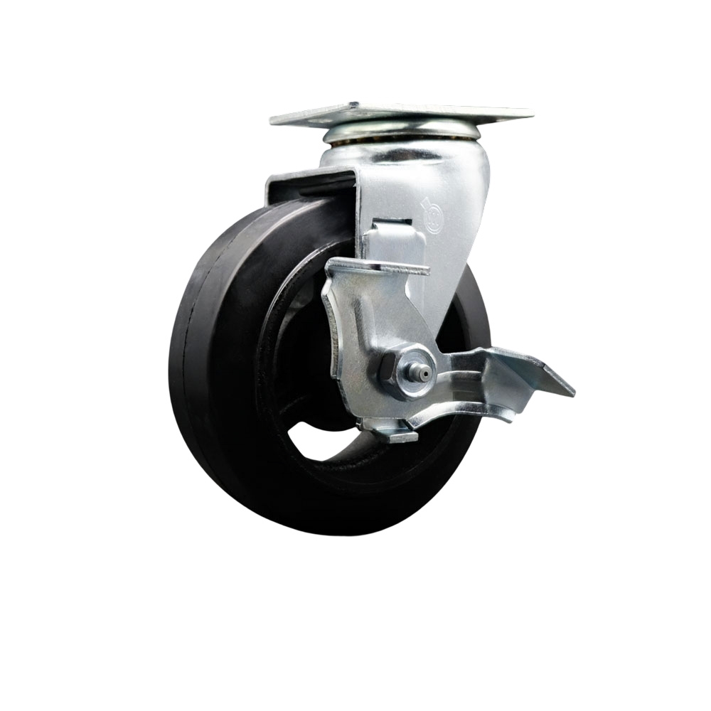 Swivel Top Plate Caster – Black 5 Inch by 2 Inch Rubber on Cast Iron Wheel – Ball Bearing – 400 lbs. Capacity Per Caster – Includes Top Locking Brake - Service Caster Brand — photo 1