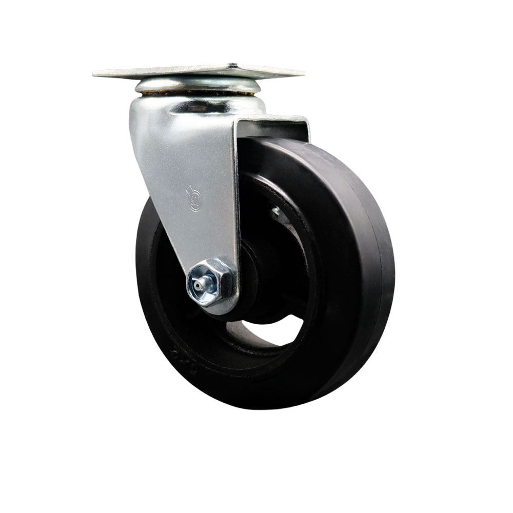 Swivel Top Plate Caster – Black 5 Inch by 2 Inch Rubber on Cast Iron Wheel – Ball Bearing – 400 lbs. Capacity Per Caster – Service Caster Brand — photo 1