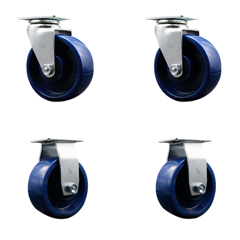 Swivel and Rigid Top Plate Caster Set – Blue 5 Inch by 2 Inch Solid Polyurethane Wheel – Ball Bearing – 1,800 lbs. Total Capacity–Includes 2 Swivel and 2 Rigid Casters – Service Caster Brand — photo 1