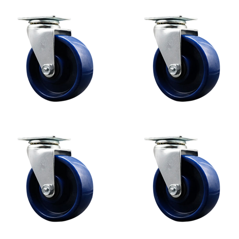 Swivel Top Plate Caster Set – Blue 5 Inch by 2 Inch Solid Polyurethane Wheel – Roller Bearing – 1,800 lbs. Total Capacity – Includes 4 Swivel Casters – Service Caster Brand — photo 1