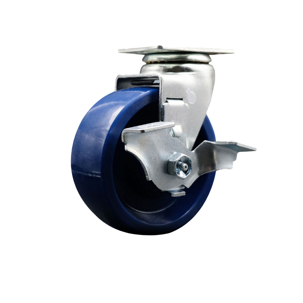 Swivel Top Plate Caster – Blue 5 Inch by 2 Inch Solid Polyurethane Wheel – Roller Bearing – 450 lbs. Capacity Per Caster – Includes Top Locking Brake - Service Caster Brand — photo 1