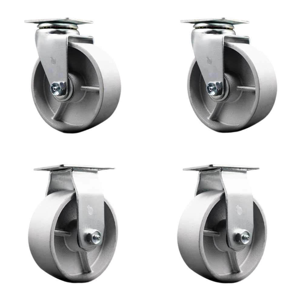 Swivel and Rigid Top Plate Caster Set – Silver 5 Inch by 2 Inch Semi Steel Cast Iron Wheel – Roller Bearing – 1,800 lbs. Total Capacity–Includes 2 Swivel and 2 Rigid Casters – Service Caster Brand — photo 1