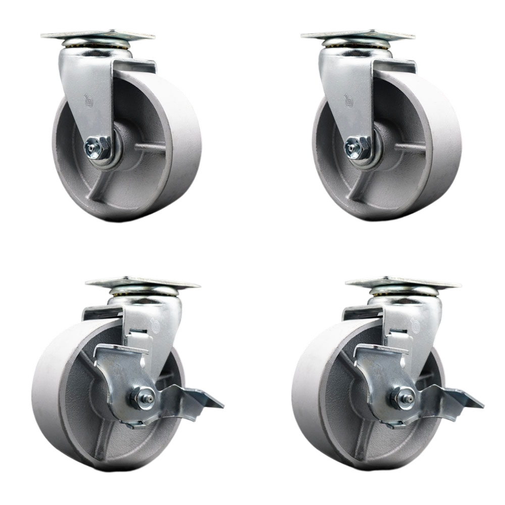 Tool Box Caster Wheel Set - 5 Inch Flat Free, Zero Maintenance Semi Steel Cast Iron Wheels - Industrial Grade - 2 Swivel with Top Lock Brakes - Service Caster Brand — photo 1