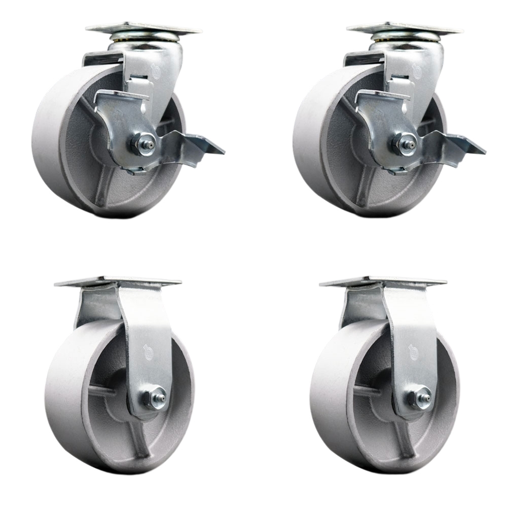 Tool Box Caster Wheel Set - 5 Inch Flat Free, Easy Rolling Semi Steel Cast Iron Wheels - Industrial Grade - 2 Swivel with Top Lock Brakes - Service Caster Brand — photo 1