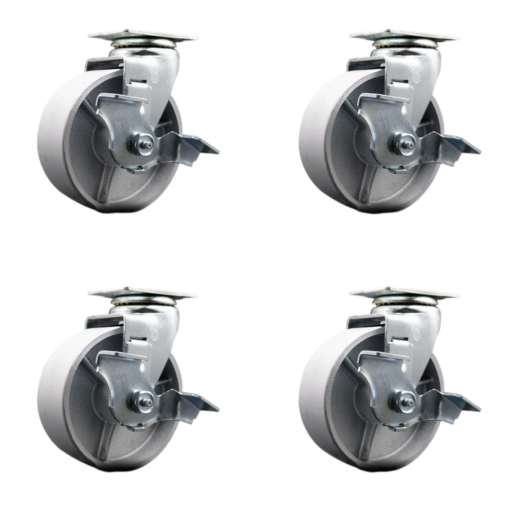 Tool Box Caster Wheel Set - 5 Inch Flat Free, Easy Rolling Semi Steel Cast Iron Wheels - Industrial Grade - 4 Swivel Casters with Top Lock Brakes - Service Caster Brand — photo 1