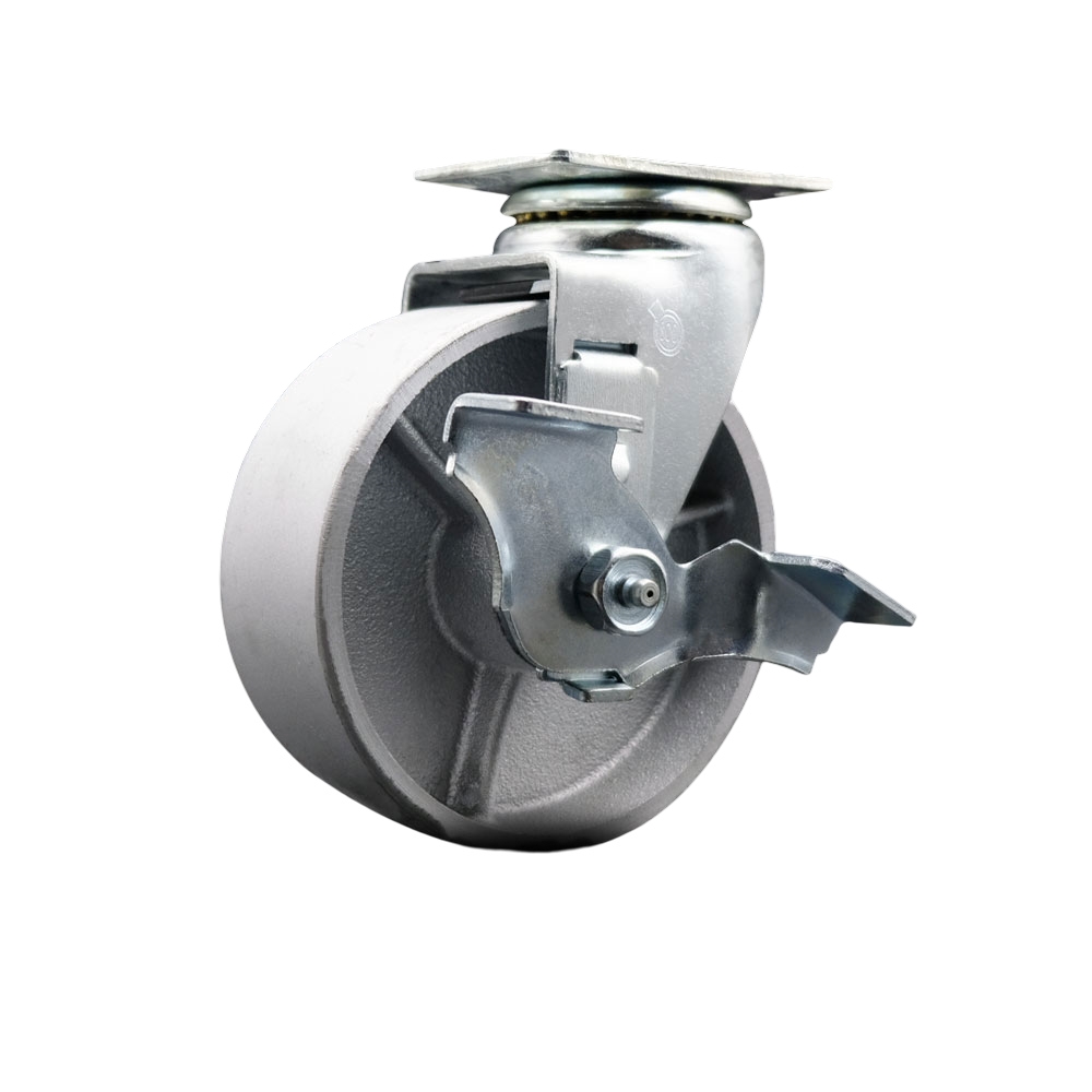Swivel Top Plate Caster – Silver 5 Inch by 2 Inch Semi Steel Cast Iron Wheel – Roller Bearing – 450 lbs. Capacity Per Caster – Includes Top Locking Brake - Service Caster Brand — photo 1