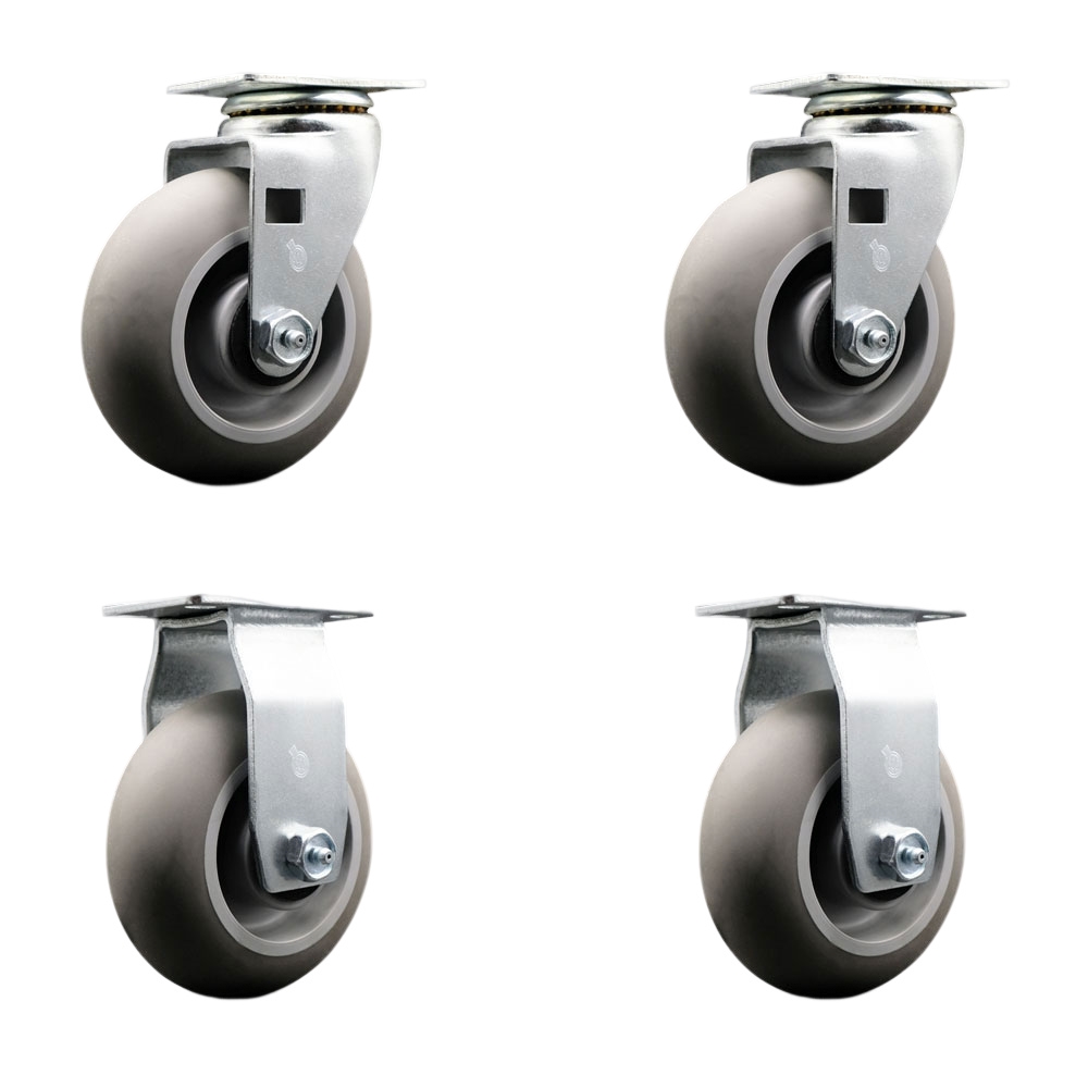 Swivel and Rigid Top Plate Caster Set – Gray 5 Inch by 2 Inch Thermoplastic Rubber Donut Tread Wheel–Roller Bearing–1,800 lbs. Total Capacity–Includes 2 Swivel and 2 Rigid Casters–Service Caster Brand — photo 1