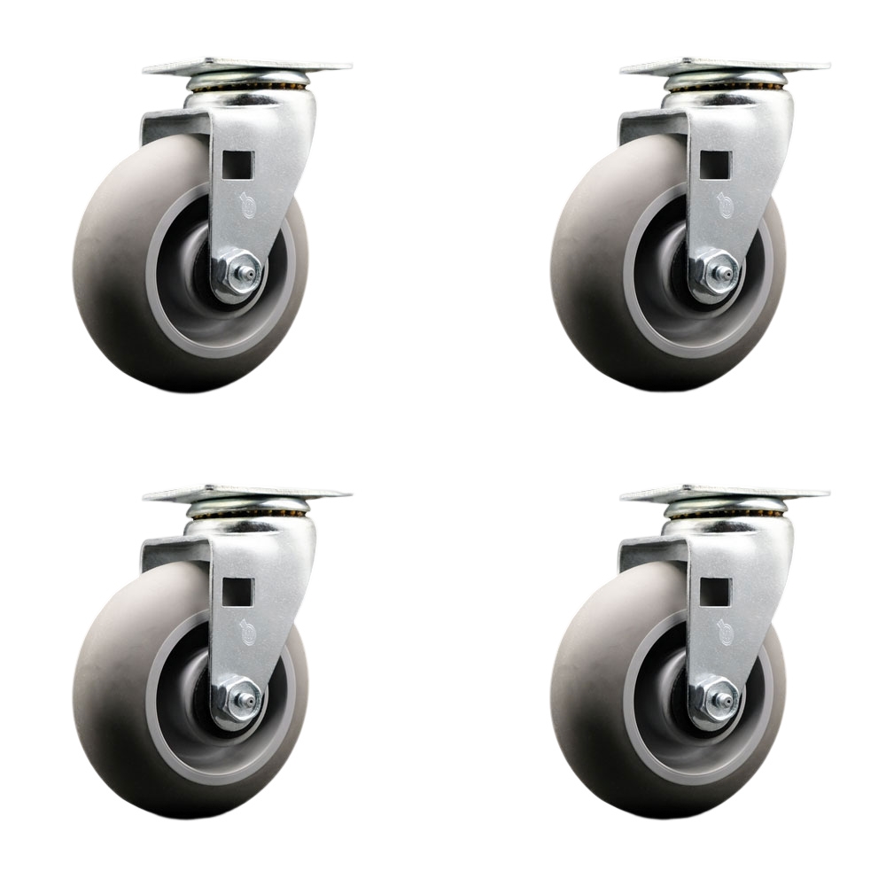 Swivel Top Plate Caster Set – Gray 5 Inch by 2 Inch Thermoplastic Rubber Donut Tread Wheel – Ball Bearing – 1,800 lbs. Total Capacity – Includes 4 Swivel Casters – Service Caster Brand — photo 1