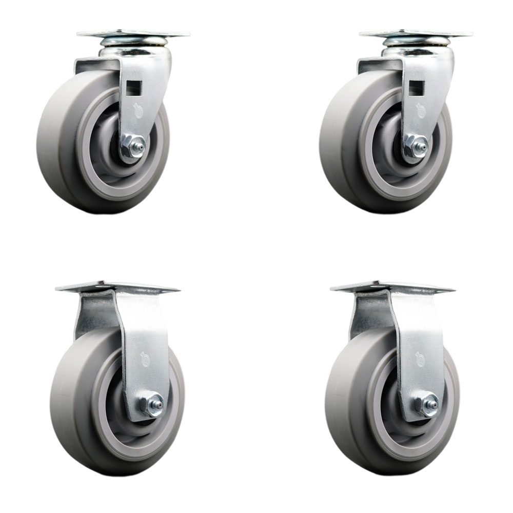 Swivel and Rigid Top Plate Caster Set – Gray 5 Inch by 2 Inch Thermoplastic Rubber Flat Tread Wheel–Ball Bearing–1,800 lbs. Total Capacity–Includes 2 Swivel and 2 Rigid Casters–Service Caster Brand — photo 1