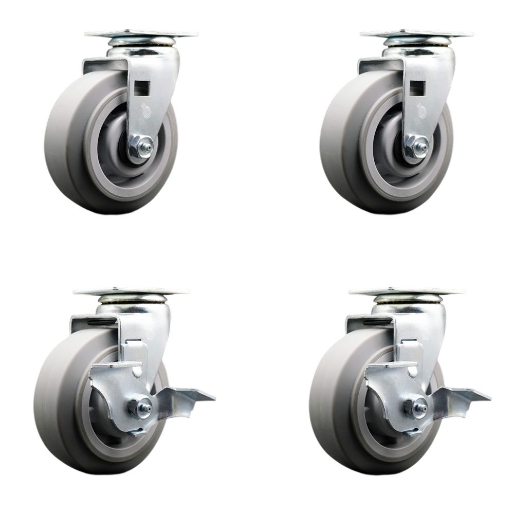 Tool Box Caster Wheel Set - 5 Inch Non-Marking, Easy Rolling Thermoplastic Rubber Flat Tread Wheels - Industrial Grade - 2 Swivel with Top Lock Brakes - Service Caster Brand — photo 1
