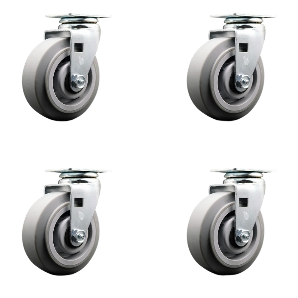 Swivel Top Plate Caster Set – Gray 5 Inch by 2 Inch Thermoplastic Rubber Flat Tread Wheel – Roller Bearing – 1,800 lbs. Total Capacity – Includes 4 Swivel Casters – Service Caster Brand — photo 1