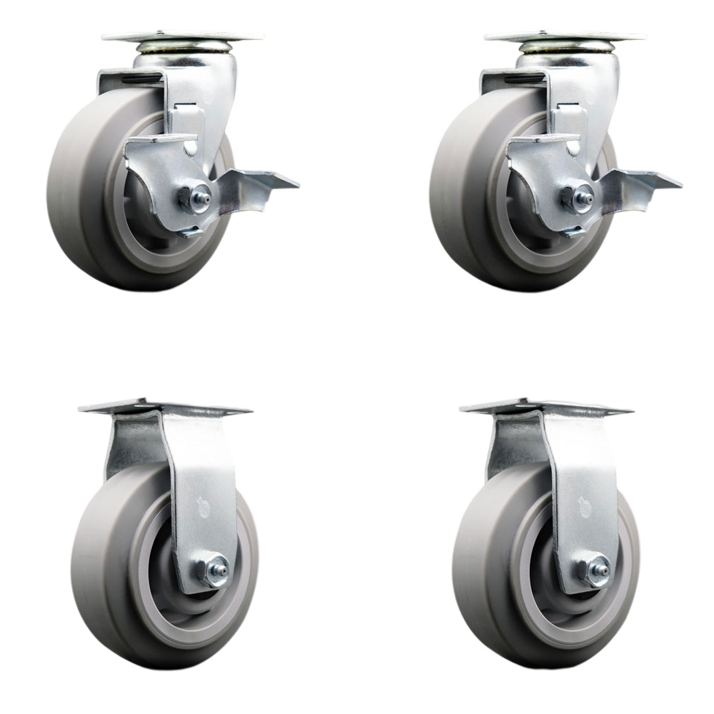 Tool Box Caster Wheel Set - 5 Inch Non-Marking, Zero Maintenance Thermoplastic Rubber Flat Tread Wheels - Industrial Grade - 2 Swivel with Top Lock Brakes - Service Caster Brand — photo 1