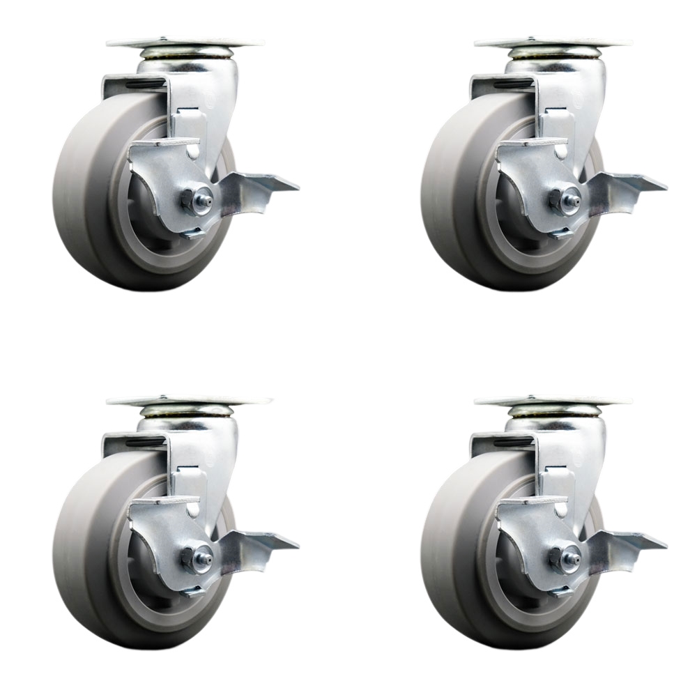 Tool Box Caster Wheel Set - 5 Inch Non-Marking, Easy Rolling Thermoplastic Rubber Flat Tread Wheels - Industrial Grade - 4 Swivel Casters with Top Lock Brakes - Service Caster Brand — photo 1
