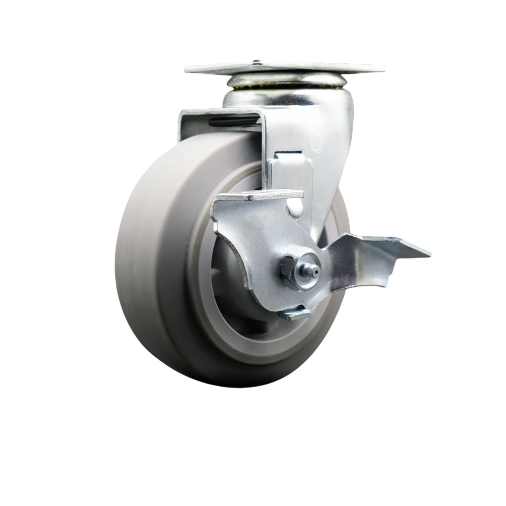 Swivel Top Plate Caster – Gray 5 Inch by 2 Inch Thermoplastic Rubber Flat Tread Wheel – Ball Bearing – 450 lbs. Capacity Per Caster – Includes Top Locking Brake - Service Caster Brand — photo 1
