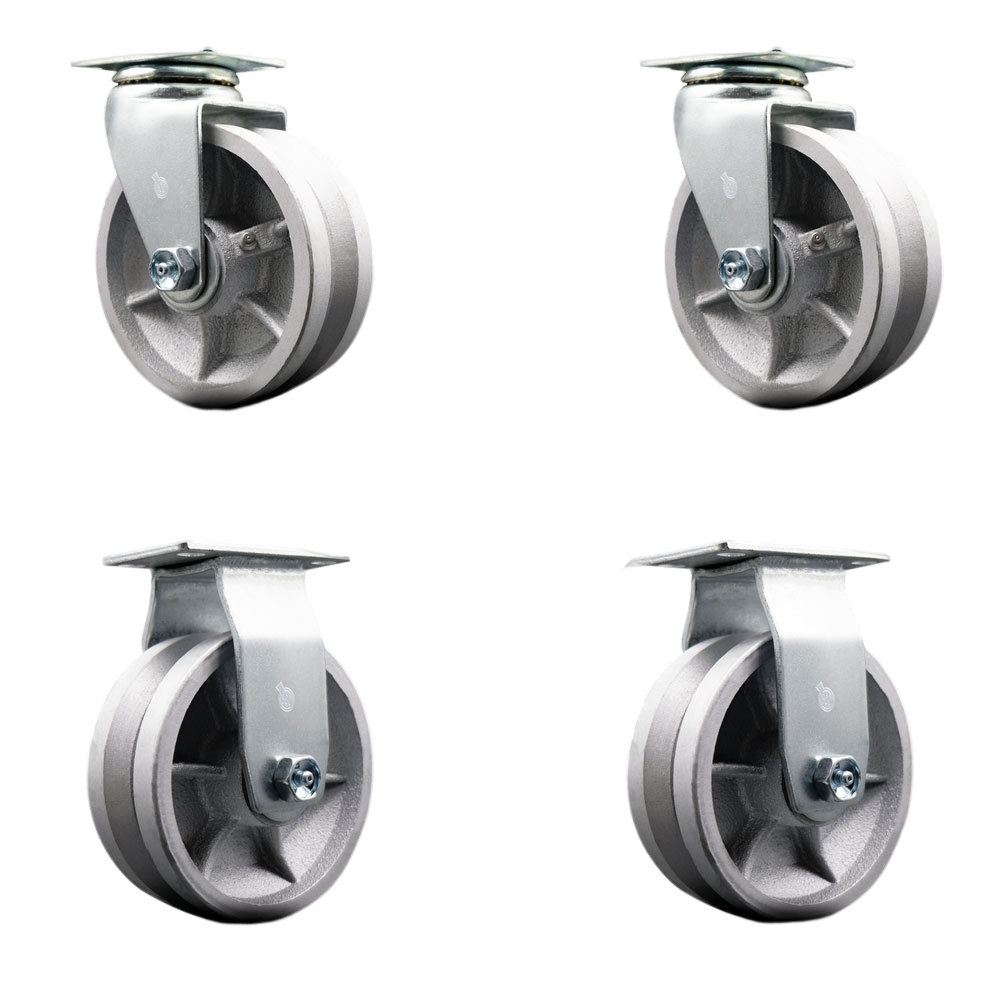 Swivel and Rigid Plate Caster Set – Silver 5 Inch by 2 Inch V-Groove Semi Steel Cast Iron Wheel – Ball Bearing–1,800 lbs. Total Capacity –Includes 2 Swivel and 2 Rigid Casters – Service Caster Brand — photo 1