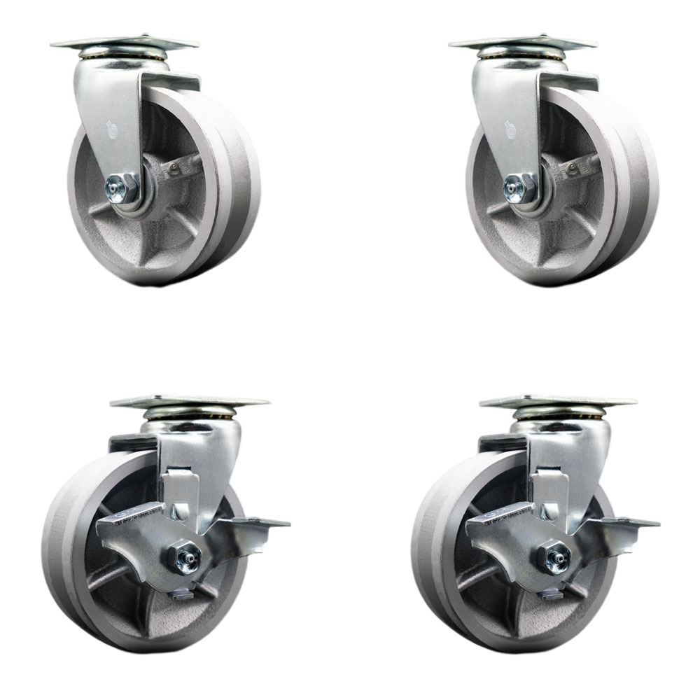 Swivel Top Plate Caster Set – Silver 5 Inch by 2 Inch V-Groove Semi Steel Cast Iron Wheel –Ball Bearing–1,800 lbs. Total Capacity–Includes 2 Locking Casters and 2 Swivel Casters–Service Caster Brand — photo 1